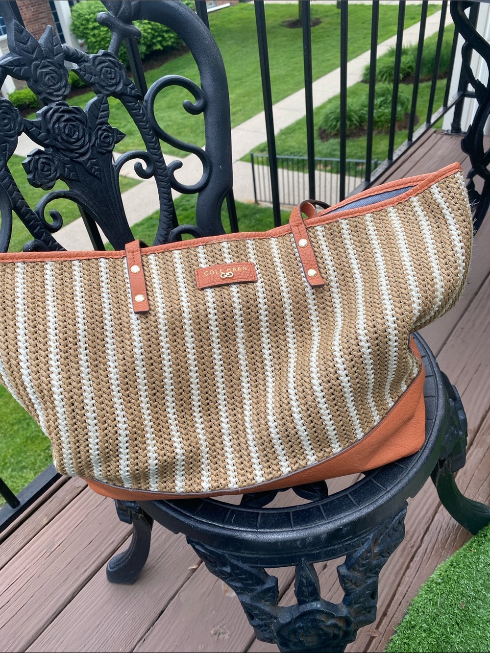 Cole Haan Straw Tote with Tan Leather Trim